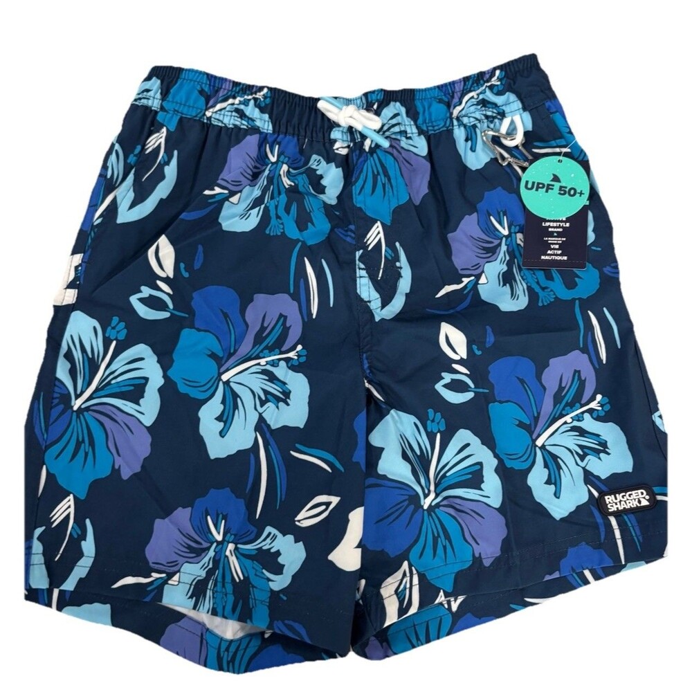 Rugged Shark Boy’s Blue Floral Board Shorts L/G (10-12) UPF 50+